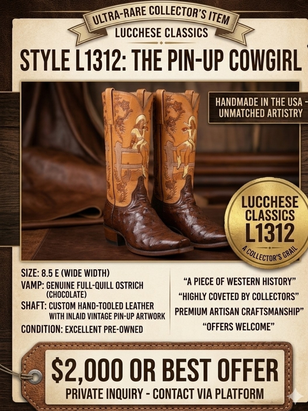 Lucchese Classics L1312 "The Pin-Up Cowgirl" Ostrich Western Boots 8.5E.